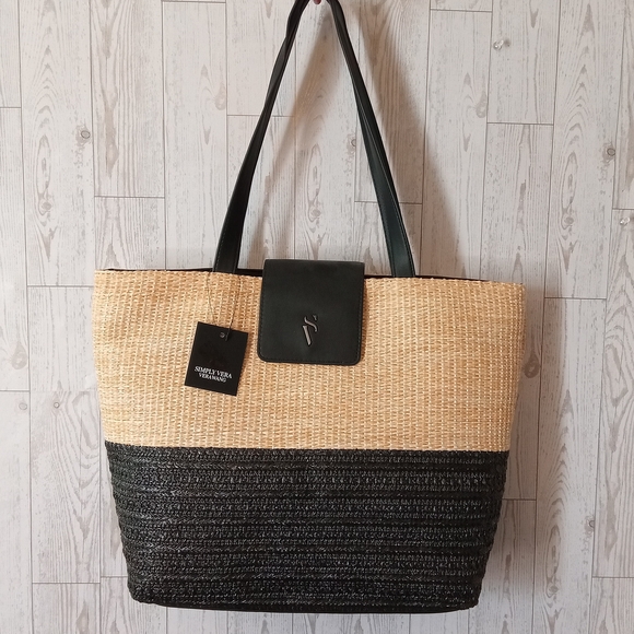 Simply Vera Vera Wang Stylish Two-Tone Straw Tote Bag NWT - Picture 1 of 11